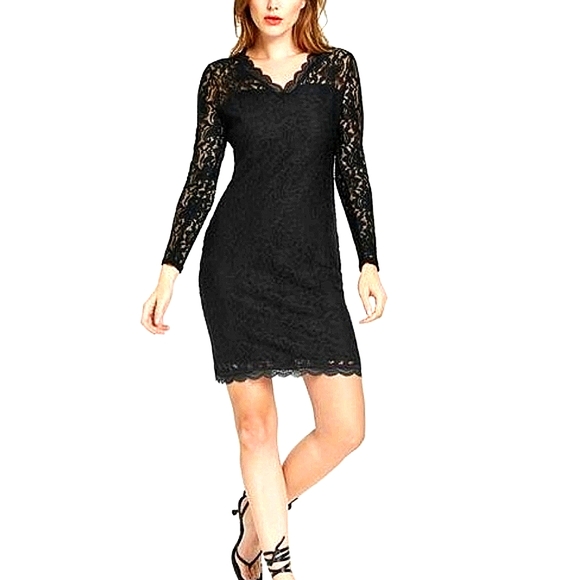 Black V-Neckline Lace Bodycon Cocktail Dress - Picture 1 of 13
